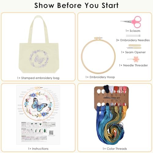 ERKOON Canvas Tote Bag Embroidery Kit for Beginners, Floral Arts Crafts Cross Stitch Kits for Adults Including Stamped Embroidery Bag with Hoops, Needle, Instruction and Color Threads (Butterfly) - Image 2