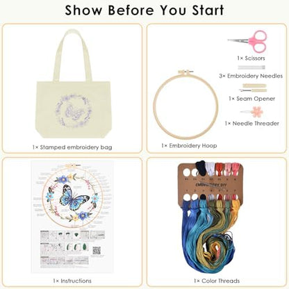 ERKOON Canvas Tote Bag Embroidery Kit for Beginners, Floral Arts Crafts Cross Stitch Kits for Adults Including Stamped Embroidery Bag with Hoops, Needle, Instruction and Color Threads (Butterfly) - Image 2