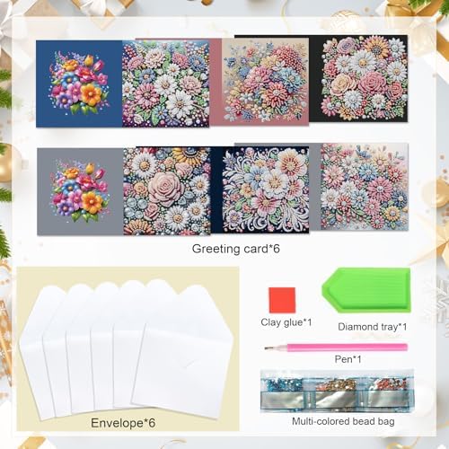 antor 6 pcs Diamond Painting Greeting Card Kits - Beautiful Floral Design with Fine Glitter, 5D DIY Creative Special Shaped Diamond Art Cards for Birthday Holiday Congratulations Crafts Gifts - Image 3