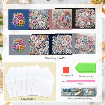 antor 6 pcs Diamond Painting Greeting Card Kits - Beautiful Floral Design with Fine Glitter, 5D DIY Creative Special Shaped Diamond Art Cards for Birthday Holiday Congratulations Crafts Gifts - Image 3