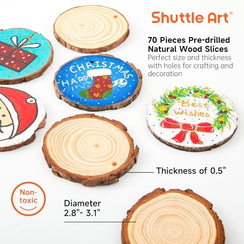 Shuttle Art Natural Wood Slices 70 PCS 2.8-3.1 Inches Craft Wood Ornament Kit, Unfinished Predrilled Wooden Circles with Hole, Jute Twine, Acrylic Paint, Markers for DIY Decoration - Image 4