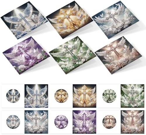 6 Pack Diamond Painting Greeting Cards with Envelopes, DIY 5D Diamond Art Card Kit Winged Cross Designs, 30x15cm Handmade Religious Cards Crafts for Spiritual Blessings and Faithful Greetings by AiYuanzsh