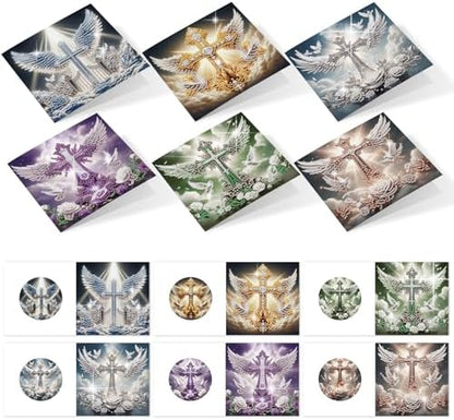 6 Pack Diamond Painting Greeting Cards with Envelopes, DIY 5D Diamond Art Card Kit Winged Cross Designs, 30x15cm Handmade Religious Cards Crafts for Spiritual Blessings and Faithful Greetings by AiYuanzsh