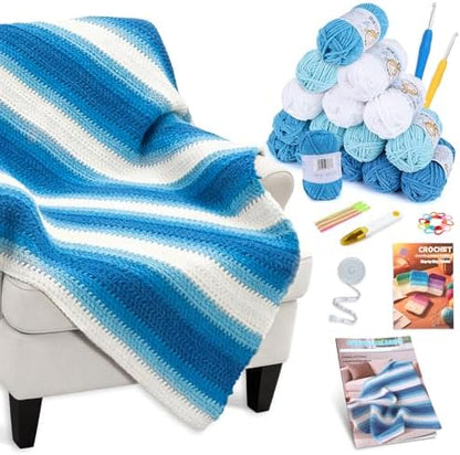 Reessy Crochet Blanket Kit for Adult Beginners, Blue Ombre Chenille Yarn by Reessy