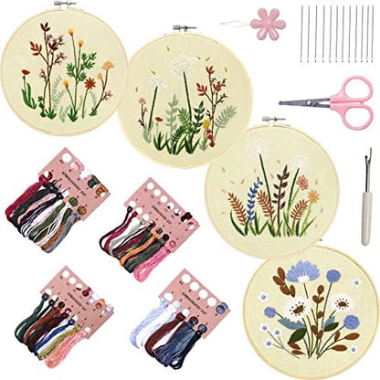 Bonroy 4 Sets Embroidery Set for Beginners, Art Craft, Easy Sewing Embroidery Kit Includes Embroidered Clothes with Patterns, Embroidery Hoops, Instruction Manual, Colorful Stitch Set (2 Most) by Bonroy