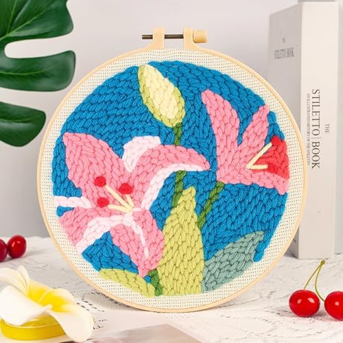Woohome Punch Needle Kit Included Plastic Hoops, Punch Needle Cloth, Color Yarn and Punch Needle Tools for Adults, Beginners (Chrysanthemum, Lotus, Lily) - Image 2