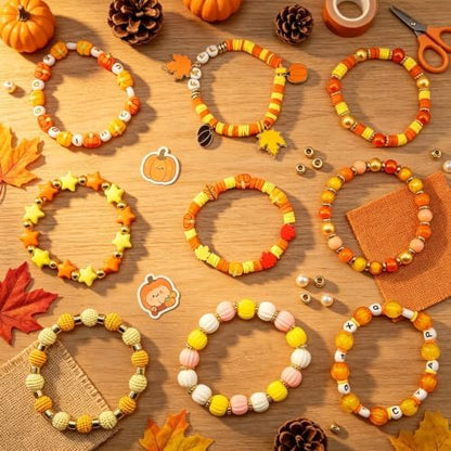 1470Pcs Fall Bracelets Kit - Thanksgiving Fall Beads for Jewelry Making - Autumn Maple Leaf Pumpkin Clay Beads Pearl Star Round Loose Spacer Heishi Beads for Necklace Earrings DIY Craft - Image 4