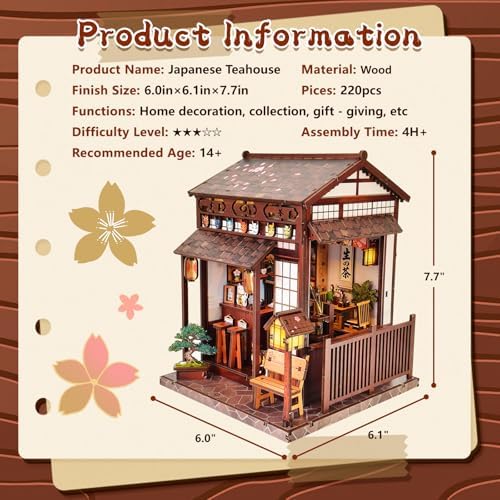 DIY Book Nook Kit for Adults, Japanese Sakura Dollhouse Kit, Miniature House Kit with LED Light, Mini Building Kit, 3D Wooden Puzzles Bookshelf Craft Diorama for Adults Teen Gifts (Japanese Teahouse) - Image 2