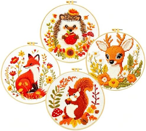 Zhenqing Autumn Animals Cross Stitch Kit - 4-Piece Set with Pre-Printed 11CT 24x24cm Fabric, Hoop & Tools, Fall Theme Animal Designs for Beginners (70412) by ZhenqingHomeFlagship