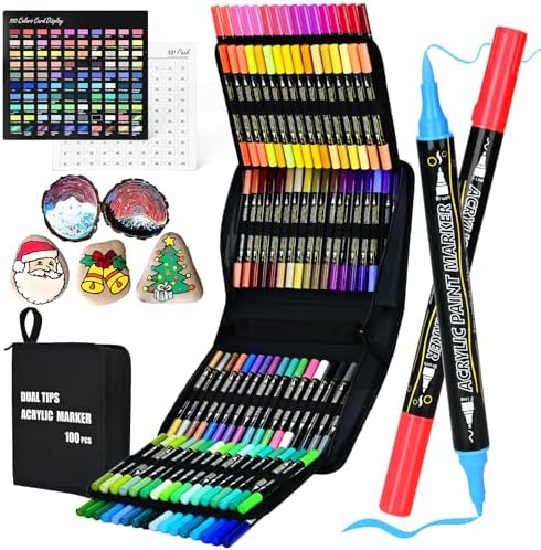 100-Pack Acrylic Paint Pens, Dual Tip with Brush & Fine, Carrying Case by IVSUN
