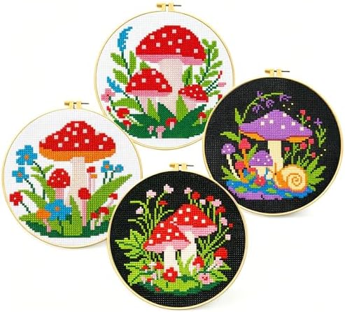 Zhenqing 4 Mushroom Cross Stitch Kit, 11CT Printed Fabric with Hoop by ZhenqingHomeFlagship