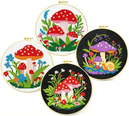 Zhenqing 4 Mushroom Cross Stitch Kit, 11CT Printed Fabric with Hoop by ZhenqingHomeFlagship