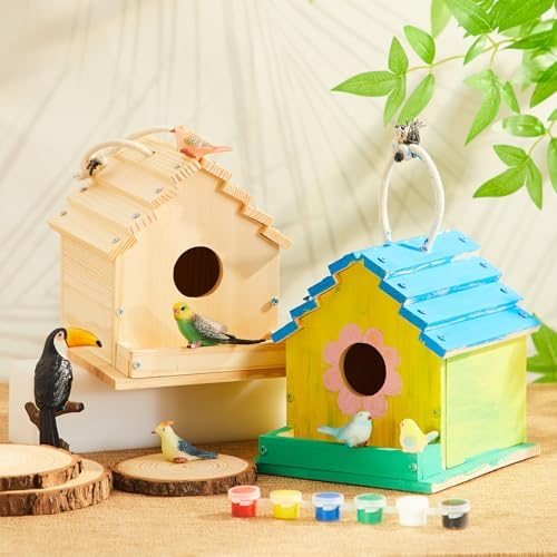Juexica 4 Pack DIY Birdhouse Kits for Kids Ages 6+ Build and Paint Wooden Bird House Arts and Craft Project with Paint Strips Brushes for Boy Girl Adult Classroom Indoor Outdoor Crafts (Groovy) - Image 4