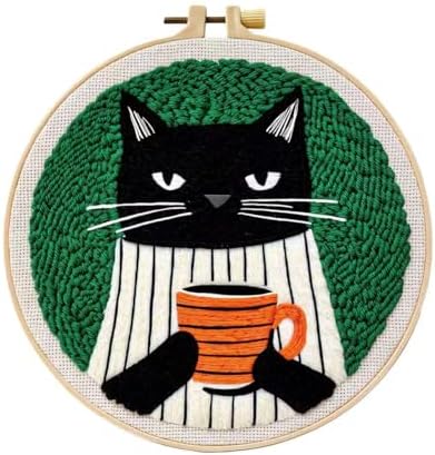 CELCRAFTIQUE Punch Needle Kits for Adults Beginner, Tool with Punch Needle Fabric, Hoops, Yarns and Sewing Needles (Coffee Cat) - Image 2