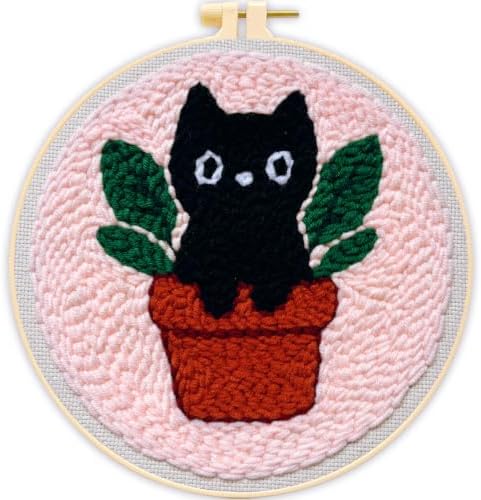 Punch Needle Kit for Beginners Adults Plant Cat, with Embroidery Hoop by TCDZMYGS