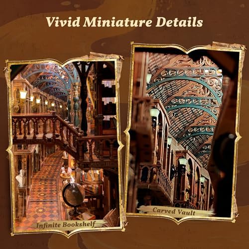 FUNPOLA Magic Library Book Nook Kit – LED 3D Wood Puzzle with Infinity Mirror – DIY Bookshelf Decor, Miniature Craft Gift for Adults - Image 3