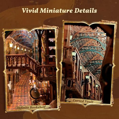 FUNPOLA Magic Library Book Nook Kit – LED 3D Wood Puzzle with Infinity Mirror – DIY Bookshelf Decor, Miniature Craft Gift for Adults - Image 3