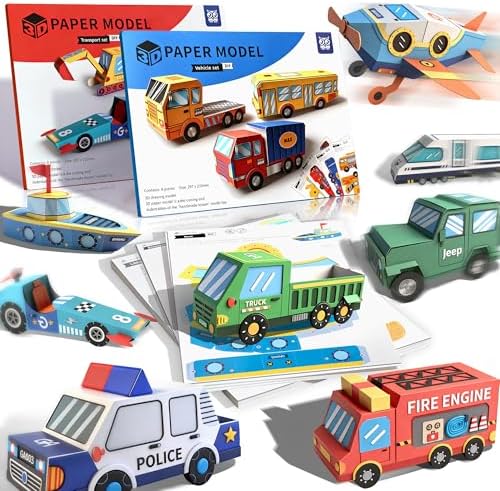 2 Themes in 1, 3D Paper Model Kits for Kid, DIY Origami Kit for Kids Ages 8-12, Include 16 Pre-cut, Easy-to-Assemble Transport & Vehicle Models, Origami Kit for Kids Ages 8-12，Paper Model Kits for Kid by Flamax