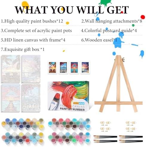 4 Pack Framed Paint by Numbers Kit for Adults Beach with Wooden Easel - Image 4
