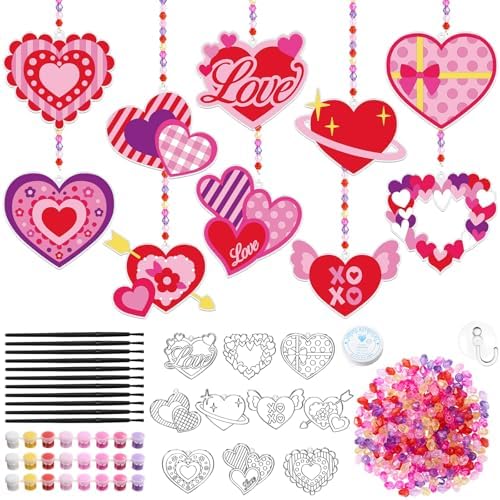 Dunzoom 30 Packs Valentine's Day Crafts, Heart Suncatcher Kit for Window Art, DIY Valentines Stained Glass Effect Painting Craft Kits, Classroom Valentine Gifts Party Favors Decorations by Dunzoom