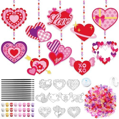 Dunzoom 30 Packs Valentine's Day Crafts, Heart Suncatcher Kit for Window Art, DIY Valentines Stained Glass Effect Painting Craft Kits, Classroom Valentine Gifts Party Favors Decorations by Dunzoom