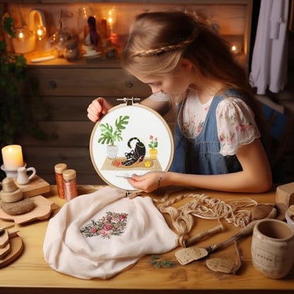 Bonroy 4 Sets Embroidery Set for Beginners, Art Craft, Easy Sewing, Includes Embroidery Clothing, Pattern, Embroidery Hoop, Instruction Manual, Colorful Thread Stitch Set (Cat) - Image 5