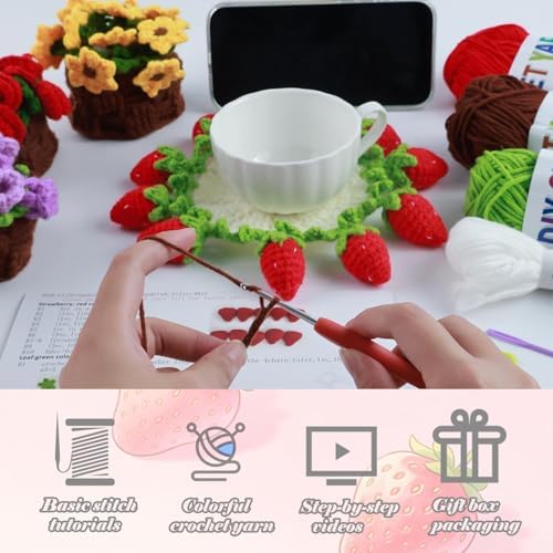 Yarniss Strawberry Coaster Crochet Kit for Beginners w/Video Tutorials - Image 6