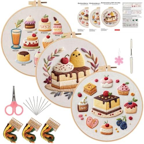 FEIYUENO 3 Sets Cake Pattern Embroidery Kit for Beginner Adults by FEIYUENO