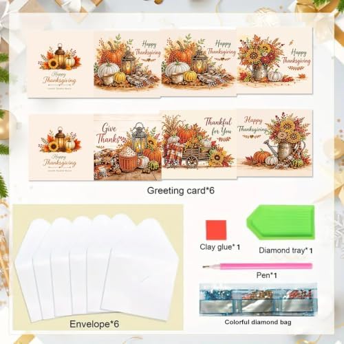 BAYUNOE 6Pcs Thanksgiving Greeting Card DIY Diamond Art Painting Greeting Cards Special Shaped Diamond Autumn Blessing Folding Card Kit Arts Crafts for Birthday Festival-Thanksgiving - Image 6