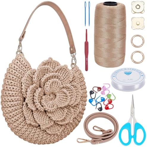 FREEBLOSS DIY Crochet Bag Making Kit Crochet Starter Kit with Video Tutorial PU Leather Handle Handmade Shoulder Bag Set for Beginners Birthday Gift Beige by FreeandCreativeCraftsArt