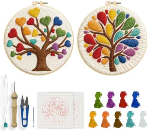 INFUNLY 2 Set Tree of Life Punch Needle Kit for Beginners Tree of Love Punch Needle Embroidery Kits for Adults DIY Punch-Stitching Kit with Instruction Threader Needles Hoop for Wall Decor 8.7''x8.7'' by INFUNLY
