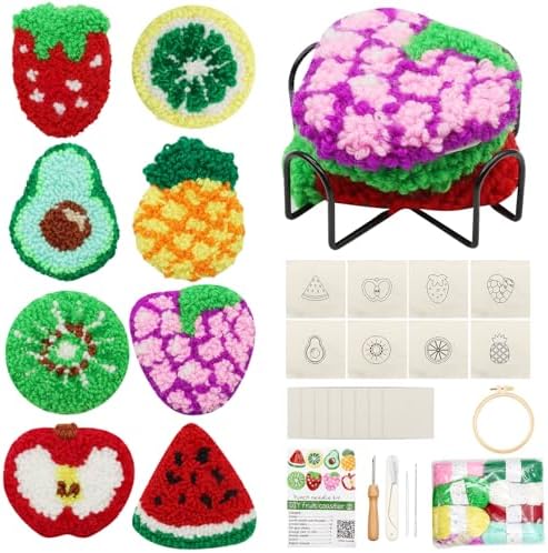 Soleeya 8-Piece Punch Needle Coaster Kit with Fruit Patterns | Step-by-Step Video Tutorials for Beginners | Includes All Tools: Yarn, Hoop, Needle Set | DIY Rug Tufting & Embroidery Craft for Adults by Unknown