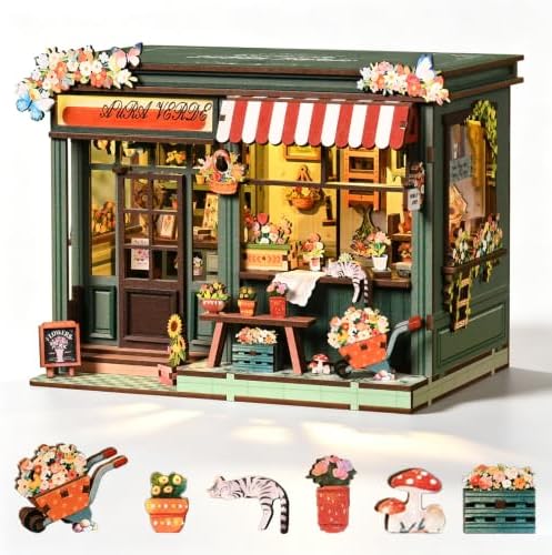 Book Nook DIY Miniature House Kit, 3D Wooden Puzzle Coffee House Dollhouse with Light & Tools, Creative Bookshelf Insert Craft Gifts for Adults Teens (Aura Verde Flower Room) by ANTREATU