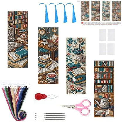 14CT Blue Bookshelf Counted Cross Stitch Bookmark Kit for Adults Beginners by Paintcolordiamondpainting