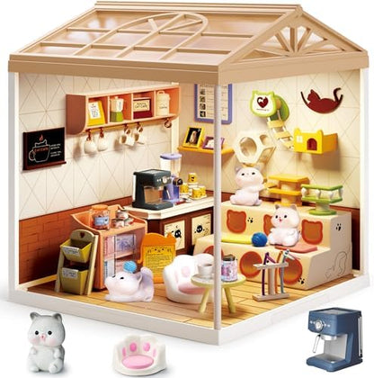 Cute Cat Cafe DIY Miniature House Kit with Roof & LED Light, Stackable & Connectable Dollhouse Kit with Dustproof Door, Creative DIY Crafts Building Toy Gift for Adults Teens by Unknown