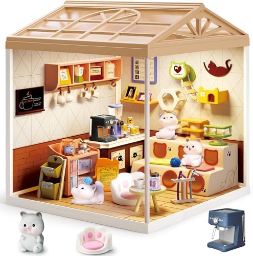 Cute Cat Cafe DIY Miniature House Kit with Roof & LED Light, Stackable & Connectable Dollhouse Kit with Dustproof Door, Creative DIY Crafts Building Toy Gift for Adults Teens by Unknown