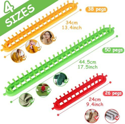 Katech 3 pcs Rectangle Knitting Looms Kit Sparse Pegs Loom Knitter Different Sizes Colorful Plastic Weaving Looms Set DIY Yarn Weaving Kits with a Crochet Hook and Needle (Color is Random) - Image 2