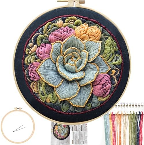 FONNUY Succulents Embroidery Kit for Beginners, Stamped Embroidery Patterns Kits for Adults with Hoop, Easy to Follow Color Thread Needlework, 8'' Hoop (Green Hugs) by FONNUY