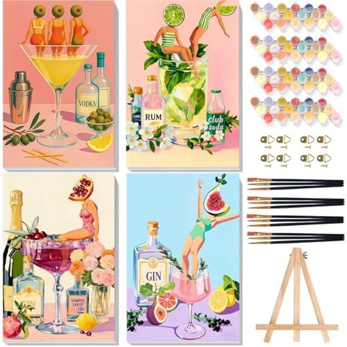 4 Pack Cocktail Paint by Numbers for Adults with Framed Canvas 8x12 inch by Arttoplus