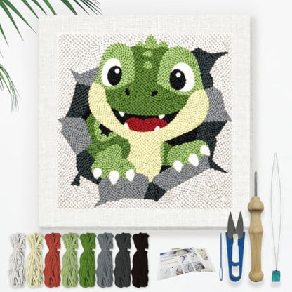 DOODLREAM Cute Dinosaur Needle Kit for Beginner, 9.4"x 9.4" Cartoon T-Rex Punch Stitching Craft Set, DIY Embroidery Starter with Printed Frame, Instruction, Threader, Yarn, Pinch Needle by Doodlream