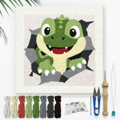 DOODLREAM Cute Dinosaur Needle Kit for Beginner, 9.4"x 9.4" Cartoon T-Rex Punch Stitching Craft Set, DIY Embroidery Starter with Printed Frame, Instruction, Threader, Yarn, Pinch Needle by Doodlream