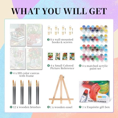 Camocin 4 Pack Framed Paint by Numbers Kit for Adults with Wooden Easel - Image 4
