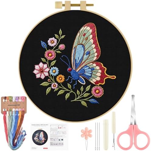 ERKOON Embroidery Kit for Beginners Adult, Cross Stitch Set Include Embroidery Cloth Hoop Threads for Craft Lover Hand Stitch with Embroidery Skill Techniques (Butterfly) by ERKOON