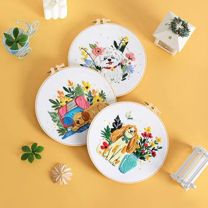 GLTAYLMY Cute Dogs Embroidery Kit for Beginners with Pattern and Instructions,3 Pack Cross Stitch Kits,1 Plastic Embroidery Hoops,Threads and Needles,Needlepoint Kit for Adults - Image 5