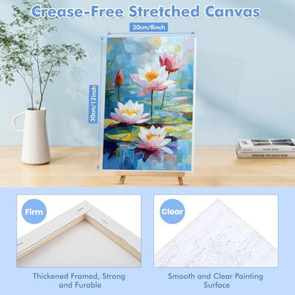 Bowetile Framed Paint by Numbers for Adults Beginners with Wooden Easel, Flowers Lotus Adults' Paint-by-Number Kits on Canvas, Easy DIY Acrylic Number Painting for Home Decor Birthday Gifts, 8x12in - Image 2