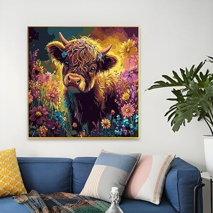 OJTOYART Highland Cattle Paint by Numbers Kit for Adults Beginners, Chrysanthemum Paint by Number Kits on Canvas, DIY Acrylic Oil Painting Kits for Home Wall Decor 16 x16 Inch - Image 2