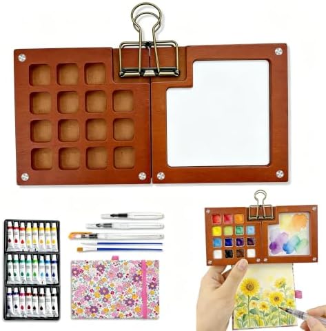 Mini Portable Watercolor Paint Palette Set - 15 Grid Paint Box with Binder Clips Include 24 Colors Watercolor Paint, 5 Brushes & Sketchbook, Travel Drawing Kit for Beginners and Art Enthusiasts by KOLODOGO