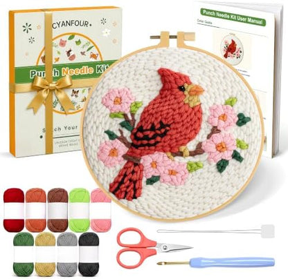 CYANFOUR Punch Needle Kit for Beginners, Red Bird Punch Needle Kits Adults, Craft Kits for Adults with 2 Pre-Printed Fabrics, Embroidery Hoop, Threads, DIY Gift and Home Decor 20 * 20cm by Cyanfour