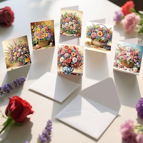 6pcs Bouquet Flower Basket Diamond Art Painting Greeting Cards Kit with Envelopes, 5D DIY Special Shaped Card Making Kits for Adults, Holiday Birthday Postcards, Creative Craft Gifts - Image 6