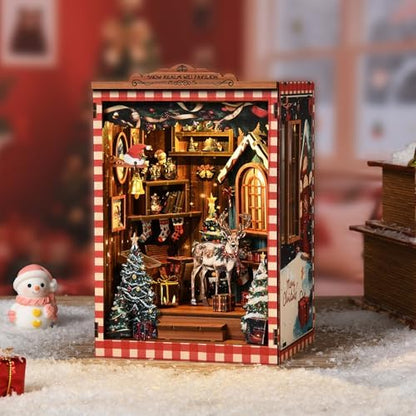 DIY Mini Book Nook Kit, Snow Realm Wei Pavilion 3D Wooden Puzzle with LED Lights, Christmas Themed Bookshelf Decor, 161 Pcs Adult Craft Model for Home & Gift - Image 5